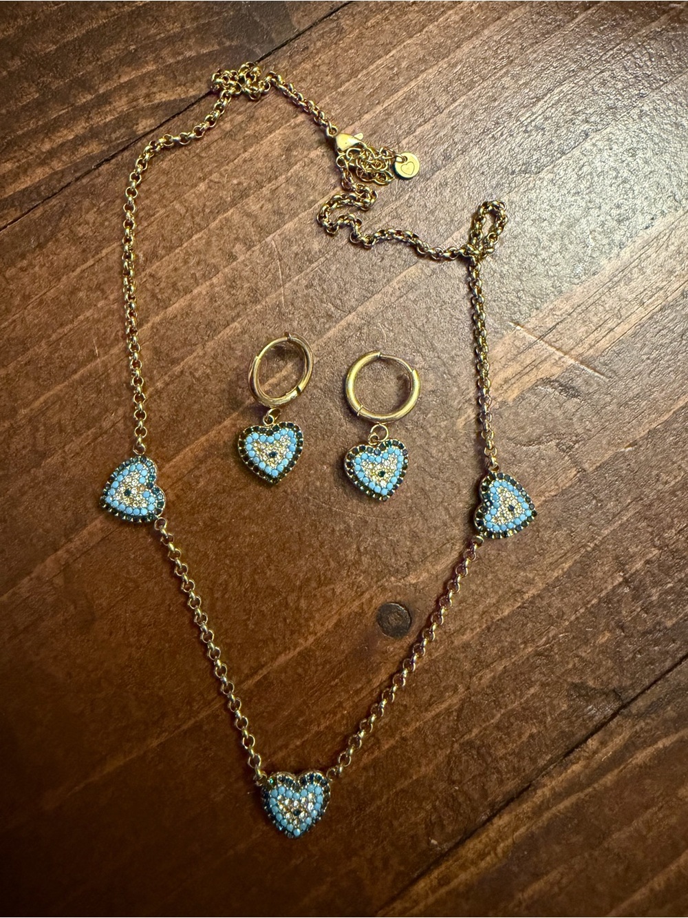 Gold-Plated Heart Necklace and Hoop Earring Set with Blue Crystal Accents